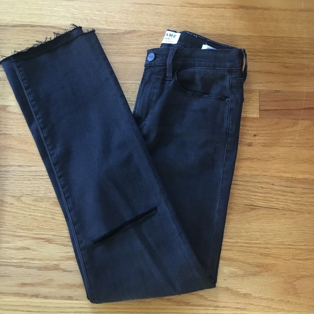 FRAME Le High Straight distressed dark grey jeans.